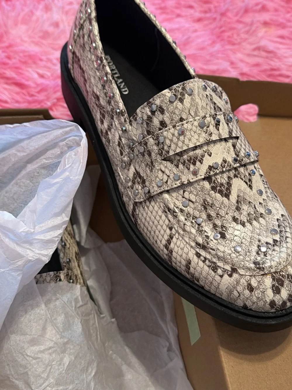 Men's Snake-Print Studded Penny Loafers in Beige